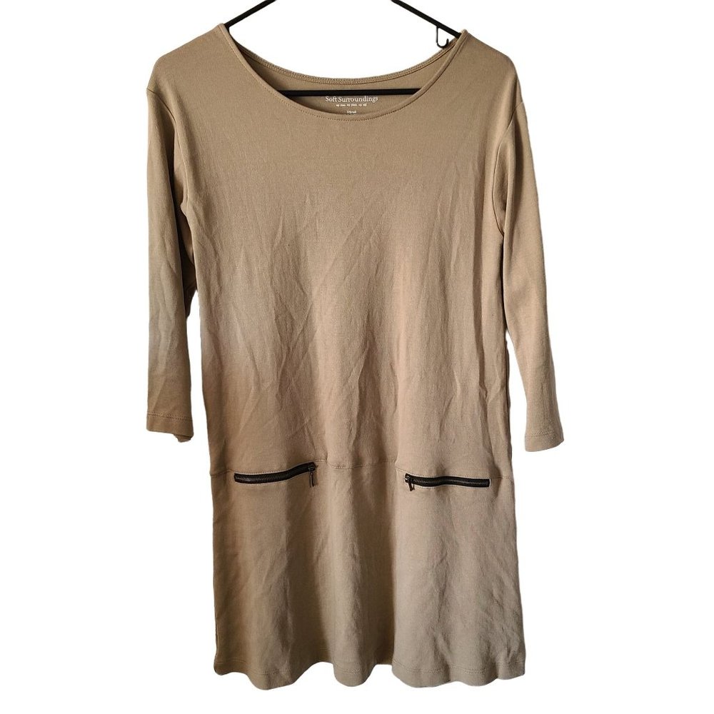 Soft Surroundings Moda Tunic Top Beige Cotton Zipper Pockets Women's Size XS